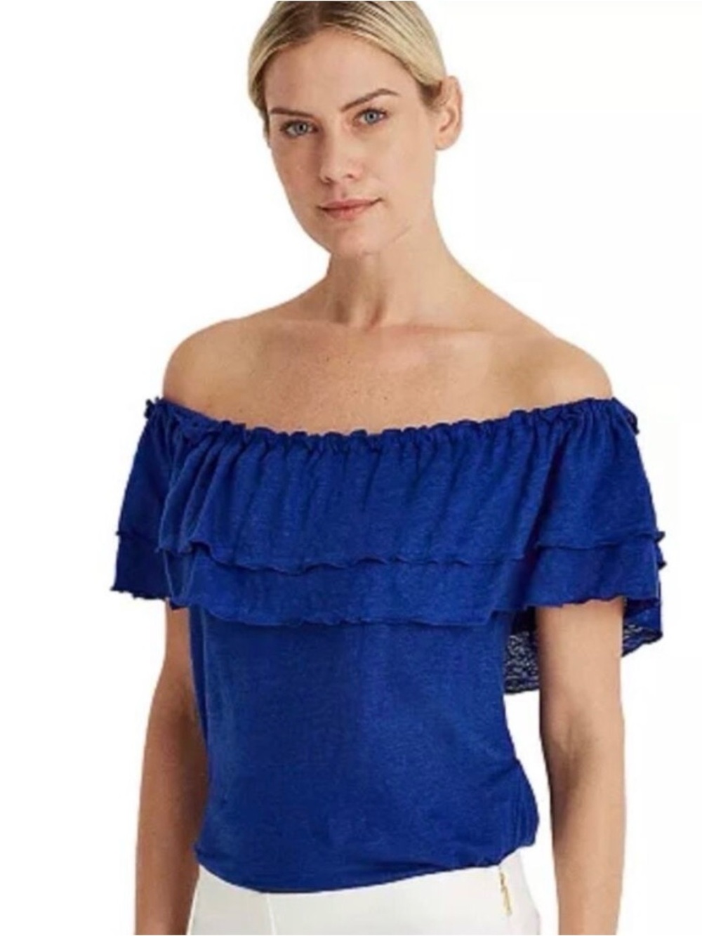 Lauren Ralph Lauren Blue Ruffle Flounce Off-Shoulder Linen Blend Summer Top 3X
